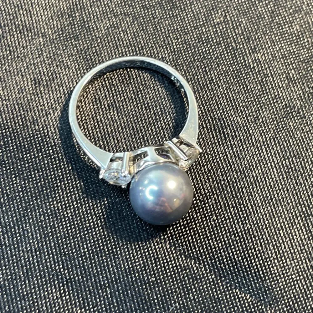 Authentic ZALES 925 Sterling Silver Gray Pearl Three Stone Ring Sz 7